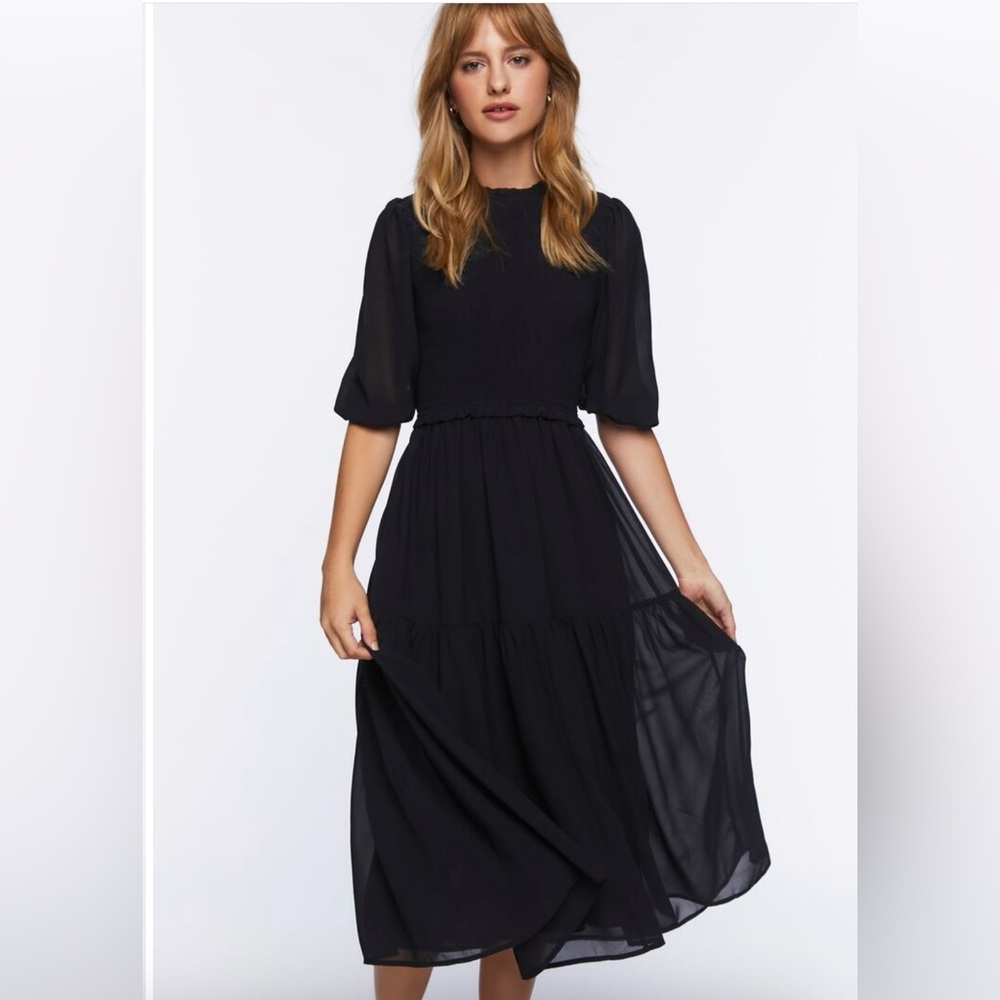 Smocked Black Peasant-Sleeve Dress